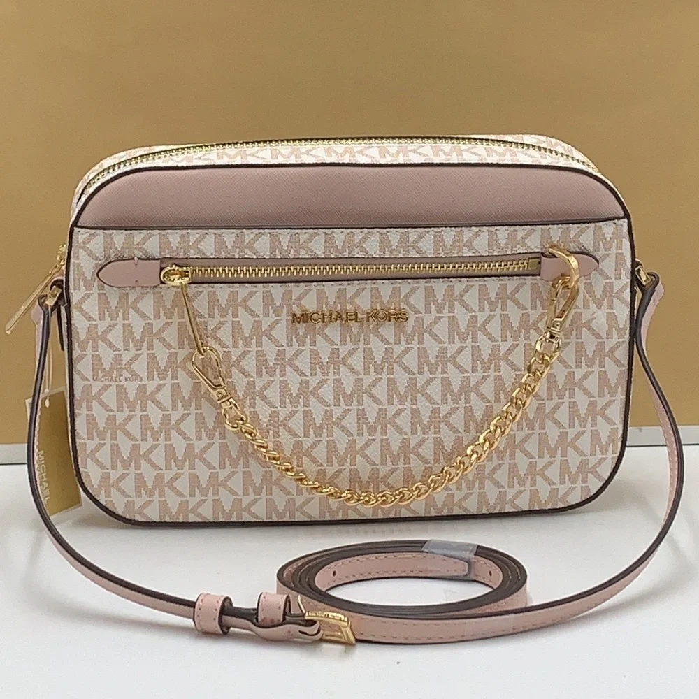 MICHAEL KORS LARGE EAST WEST ZIP CHAIN XBODY OPTIC WHITE ROSE GOLD COLOR